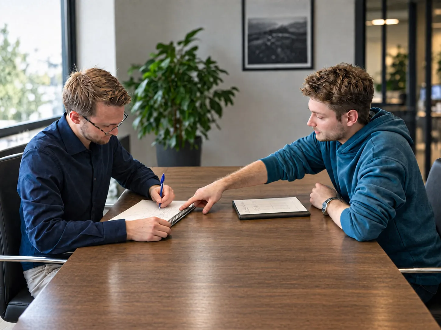Twee mensen aan tafel die samen een schets doornemen